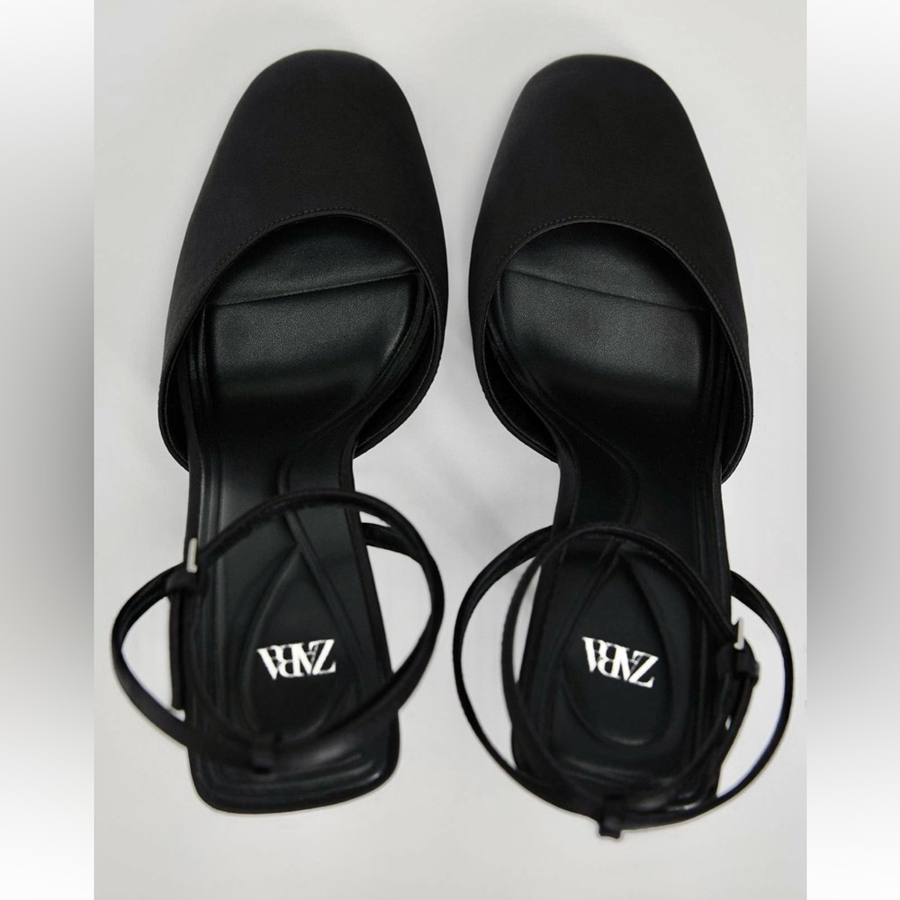 Zara NWT black satin fabric round toe ankle strap side buckle closed toe heels - Picture 3 of 8